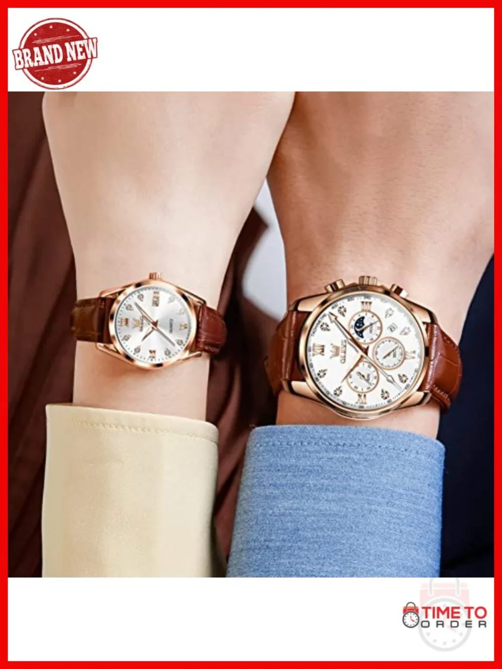 Chronograph Leather Dress Watch with Luminous Moon Phase Date